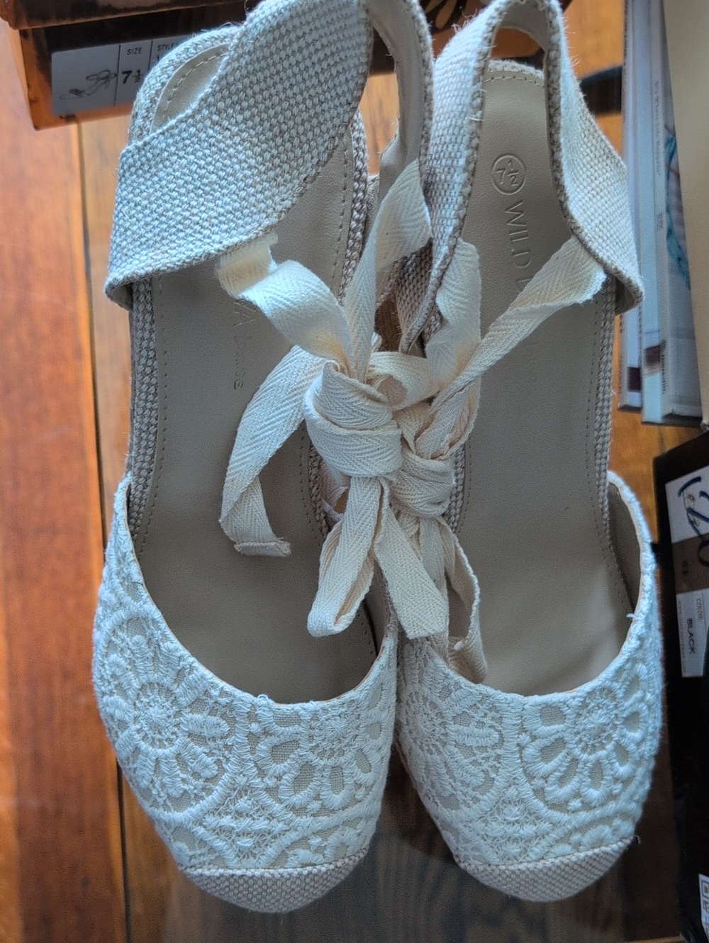 Wild Diva Cream Lace Espadrille Wedge Sandals with Ankle Tie
